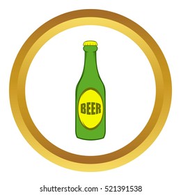 Green bottle of beer vector icon in golden circle, cartoon style isolated on white background