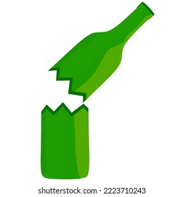 The green bottle is broken into two halves on a white background. The edge of the bottle is very sharp and dangerous, suitable for broken, cracked, sharp drink container logos. Vector illustration