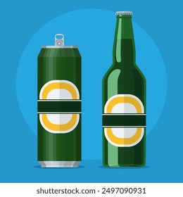 Botella verde y lata con cerveza sobre fondo azul. Ilustración vectorial de estilo plano.