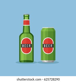 Green bottle and can with beer on blue background. Flat style vector illustration.