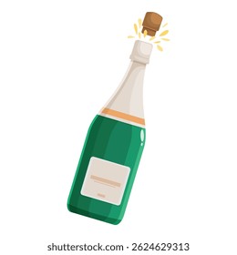 Green bottle of champagne popping its cork, releasing golden bubbles, on a white background