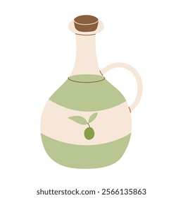 A green bottle with a cork stopper and a leaf on it. The bottle is filled with olive oil