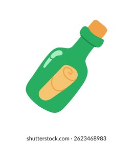 A green bottle with a cork stopper and a scroll of paper inside. The bottle is empty and the scroll of paper is yellow