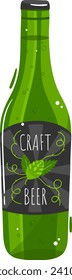 Botella verde de cerveza artesanal con etiqueta e ilustración del lúpulo. Bebida artesanal, ilustración vectorial de concepto de producto casero.