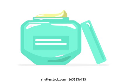 Green bottle with elements and label. Cream. Careful protection for sensitive skin. Toiletry, personal hygiene product. Vector cartoon illustration isolated on white.
