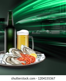 Green bottle and glass mug of light beer with appetizer of oysters and shrimp. Vector realistic illustration on dark city blurred background