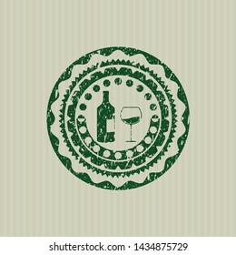 Green bottle and glass of wine icon inside distressed with rubber seal texture