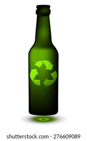 Green Bottle with a Glowing Recycle Sign, Vector Illustration isolated on White Background. 
