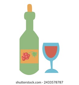Green bottle grape wine and  glass flat vector icon isolated on white, Organic fresh healthy food ingredient, decorative sign berry for design pattern, healthy green market, European restaurant menu