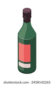 Green bottle with a label, in simple vector style on a white background, representing beverages. vector illustration