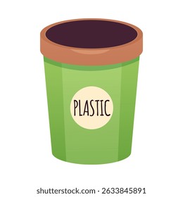 Botella verde con tapa y etiqueta de plástico. Ilustración plana de Vector de contenedor reutilizable de cero residuos para clasificar la basura. Cartoon ECO elemento de estilo de vida. Reducir, reutilizar, reciclar el concepto ecológico