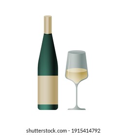 Green Bottle with Light Label and Glass with Liquid on White Background. Modern Vector Illustration. Social Media Ads.