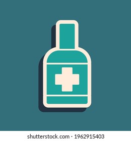 Green Bottle of liquid antibacterial soap with dispenser icon isolated on green background. Antiseptic. Disinfection, hygiene, skin care. Long shadow style. Vector
