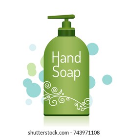 Green Bottle of liquid hand soap with dispenser. Flat style icon. Vector illustration. Disinfection, hygiene concept.