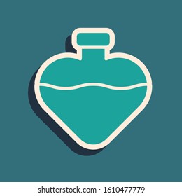 Green Bottle with love potion icon isolated on blue background. Valentines day symbol. Long shadow style. Vector Illustration