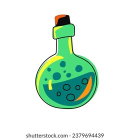 Green bottle with poison. Glass round flask with liquid and bubbles. The poison of the sorcerer, witches. Halloween element. Vector illustration isolated. Sketch. Hand drawn.