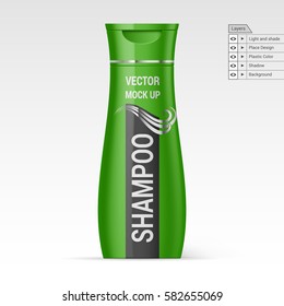 Green Bottle Shampoo Isolated on White Background. Vector Layers Mock up