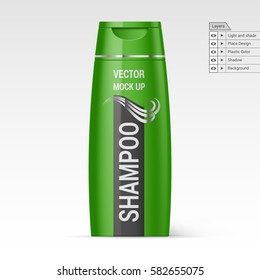 Green Bottle Shampoo Isolated on White Background. Vector Layers Mock up for Design