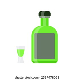 Green bottle and shot glass. Simple illustration of green liquor bottle and glass. Vector design for beverage graphics isolated on white background