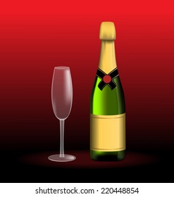 Green bottle of sparkling wine and empty glass on red