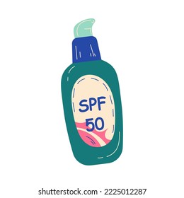 Green bottle of sunblock lotion with label vector illustration. Sun safety, lotion with SPF, sunscreen for skin care during summer isolated on white background. Cosmetics, summer, protection concept