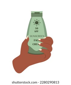 Green Bottle of Sunscreen Face Cream.Calming Moisturizing Sunscreen Product and Sunblock.Healthy Tanning, Sunbathing.Anti-UV Cream,Lotion.Colored flat vector illustration isolated on white background