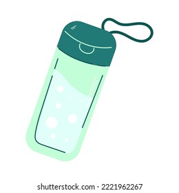 Green bottle of water with string against sunburn vector illustration. Sun safety and cartoon drawing of bottle on white background. Summer, vacation, health, protection concept