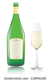 green bottle of wine with glass of champagne, isolated on white background, vector, mesh