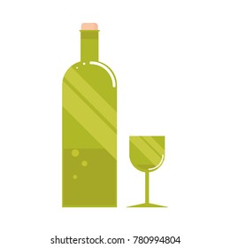 Green bottle of wine with glass.Flat design