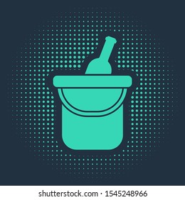 Green Bottle of wine in an ice bucket icon isolated on blue background. Abstract circle random dots. Vector Illustration