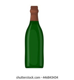 A green bottle of wine on a white background. Cartoon style. The subject of the festive table. Element for your design. Stock vector illustration