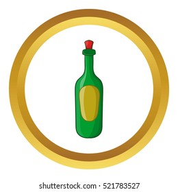 Green bottle of wine vector icon in golden circle, cartoon style isolated on white background