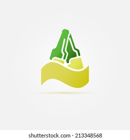 Green bottles of beer vector icon or symbol on a gold wave