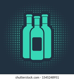 Green Bottles of wine icon isolated on blue background. Abstract circle random dots. Vector Illustration