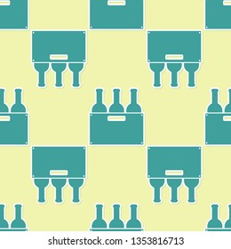 Green Bottles of wine in a wooden box icon isolated seamless pattern on yellow background. Wine bottles in a wooden crate icon. Flat design. Vector Illustration