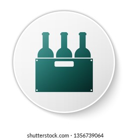 Green Bottles of wine in a wooden box icon isolated on white background. Wine bottles in a wooden crate icon. Green circle button. Vector Illustration