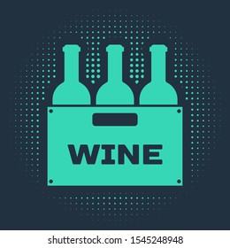 Green Bottles of wine in a wooden box icon isolated on blue background. Wine bottles in a wooden crate icon. Abstract circle random dots. Vector Illustration