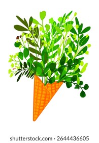 Green Bouquet in Floral Cone Wrap in Kraft Paper Cone. Fresh green botanical bouquet arranged in a cone-shaped floral wrap with various herbal leaves and natural foliage in a decorative eco style