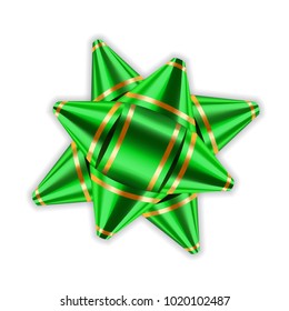 Green bow 3d ribbon decor element package Shiny color satin decoration gift present, holiday design, isolated white background. Symbol Christmas, New Year celebration, birthday Vector illustration