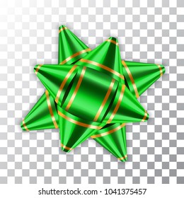 Green bow 3d ribbon decor element package Shiny color satin decoration gift present isolated white transparent background. Christmas New Year celebration, birthday holiday design Vector illustration