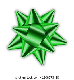 Green bow 3d ribbon decor element package Shiny color satin decoration gift present, holiday design, isolated white background. Symbol Christmas, New Year celebration, birthday Vector illustration