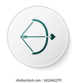 Green Bow and arrow icon isolated on white background. Cupid symbol. Love sign. Valentines day concept. White circle button. Vector Illustration