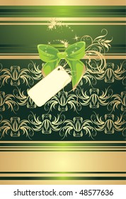 Green bow with card on the decorative background. Wrapping. Vector