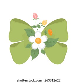 Green bow with cute flowers, vector illustration