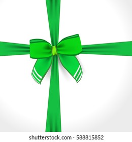 Green bow with the edge strips for Saint Patrick's day. Vector green decorative bow on a ribbon. Festive ribbon bow on white background - greeting card for traditional irish holiday