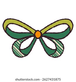 Green Bow in Hand Drawn Retro Style Isolated on White Background. Vintage ribbon. Cute funny bowknot perfect for Holiday events, cards, posters, patterns, gifts