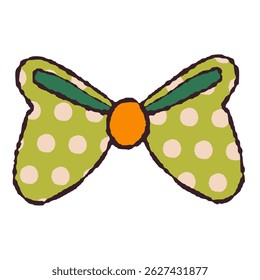 Green Bow in Hand Drawn Retro Style with Polka Dots Isolated on White Background. Vintage ribbon. Cute funny bowknot perfect for Holiday events, cards, posters, patterns, gifts