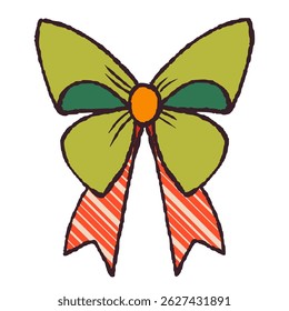 Green Bow in Hand Drawn Retro Style with Red Stripes Isolated on White Background. Vintage ribbon. Cute funny bowknot perfect for Holiday events, cards, posters, patterns, gifts