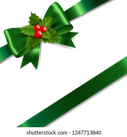 Green Bow With Holly Berry White Background With Gradient Mesh, Vector Illustration
