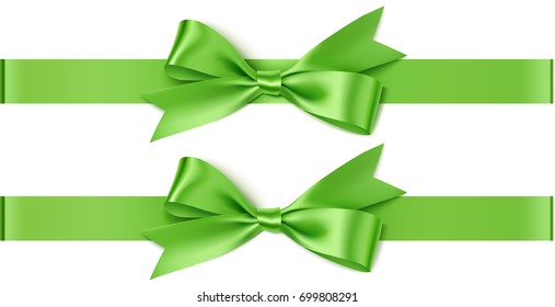 Green bow with horizontal ribbon isolated on white for page decor. Vector decorative bow